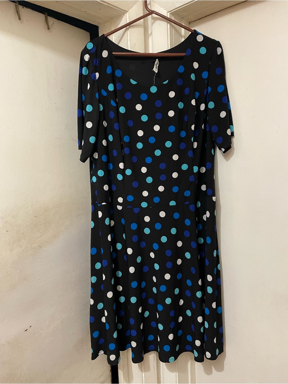 Women’s Black Blue White Polka Dot Fit & Flare Midi Dress 3/4 Sleeve Size 18
